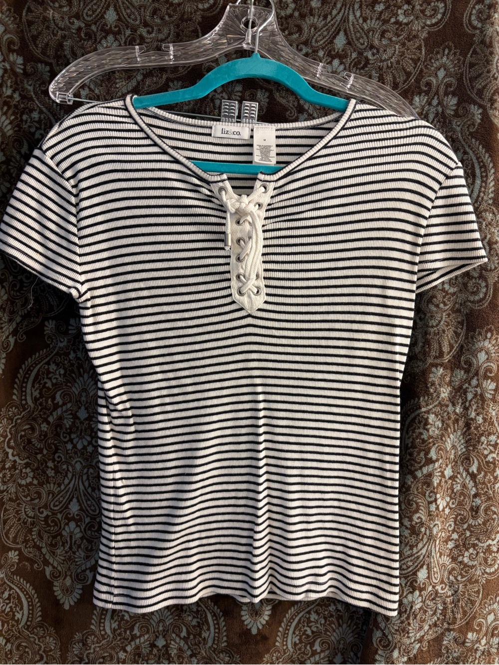 liz & co. Black and White Striped Lace-Up Short Sleeve Tee